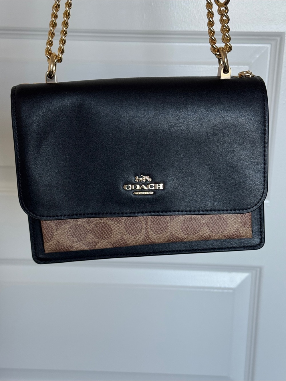 Coach Black Leather Crossbody with Signature Brown Canvas and Gold Chain